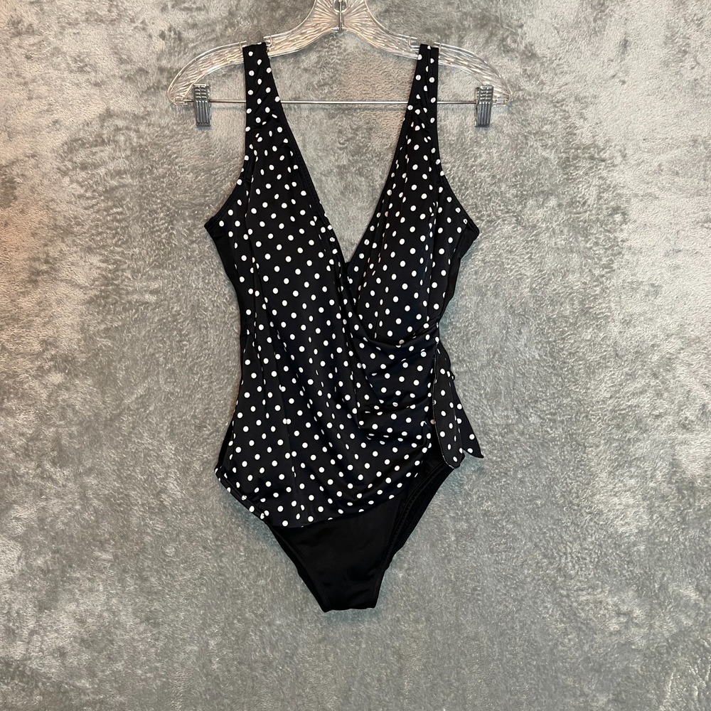 Croft Barrow Women Wrap Front Surplice One Piece Swim Suit 14 Polka Dot Shirred